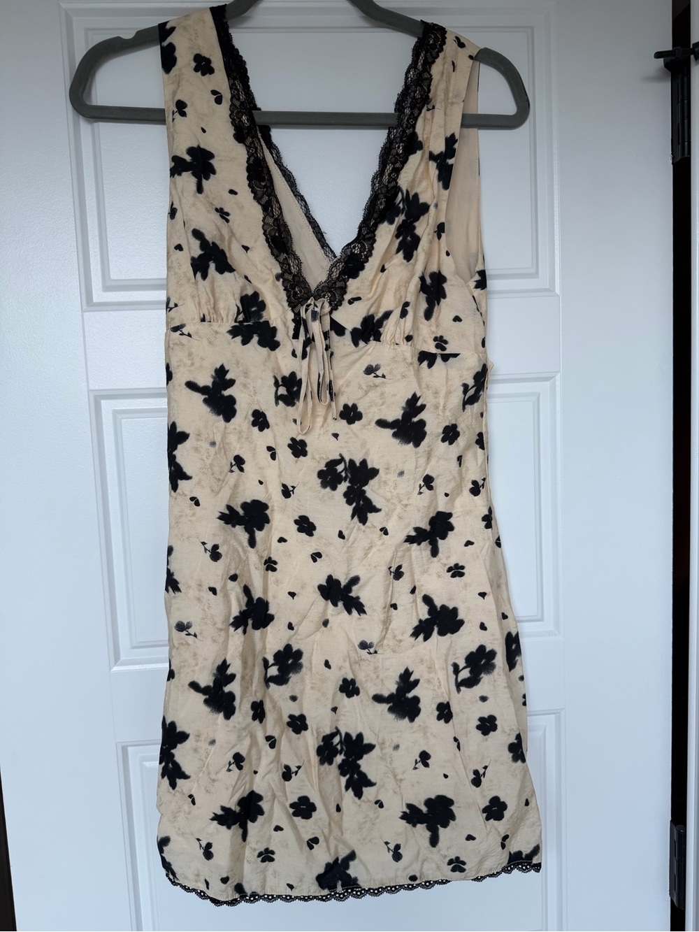 NWOT- Pretty Garbage brand- Floral Lace-Trim Slip Dress with Black Prints